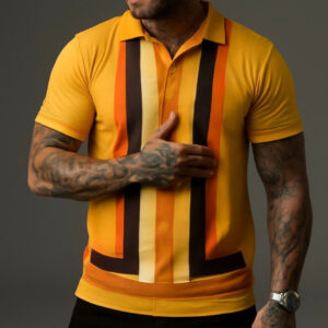 Camel Geometric Stripes Polo Shirt