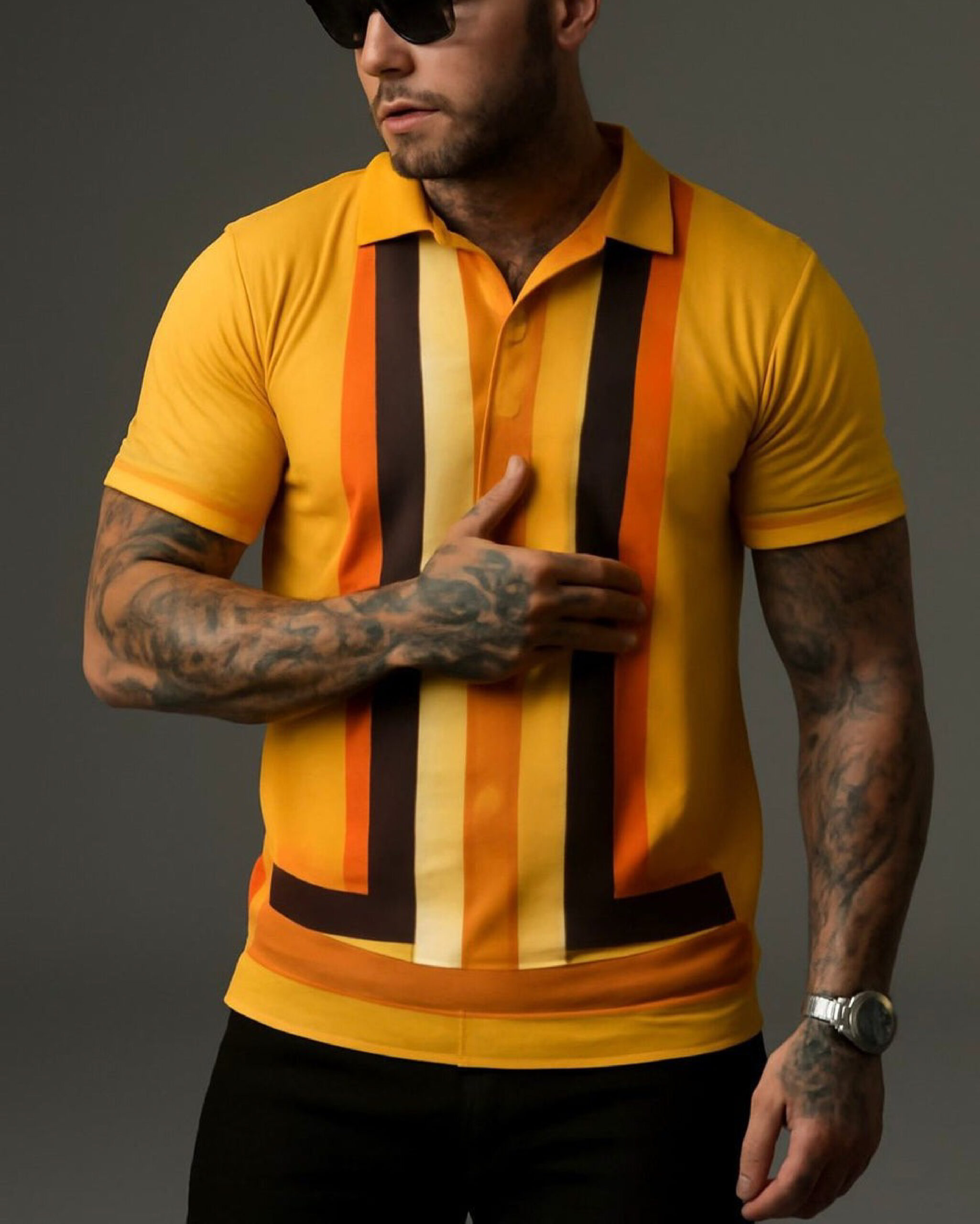 Camel Geometric Stripes Polo Shirt