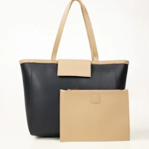 Elegant Two-Tone Tote Bag with Matching Pouch – Navy & Beige