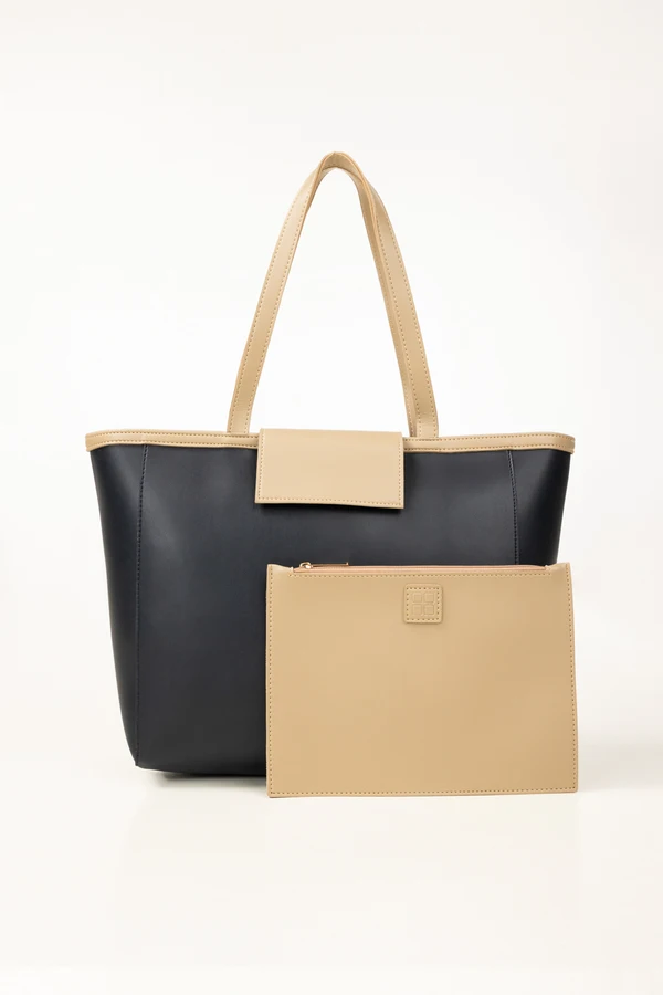 Elegant Two-Tone Tote Bag with Matching Pouch – Navy & Beige